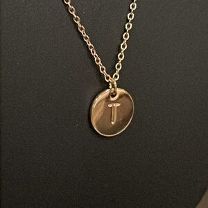 Double sided disc Initial T Gold tone necklace NEW